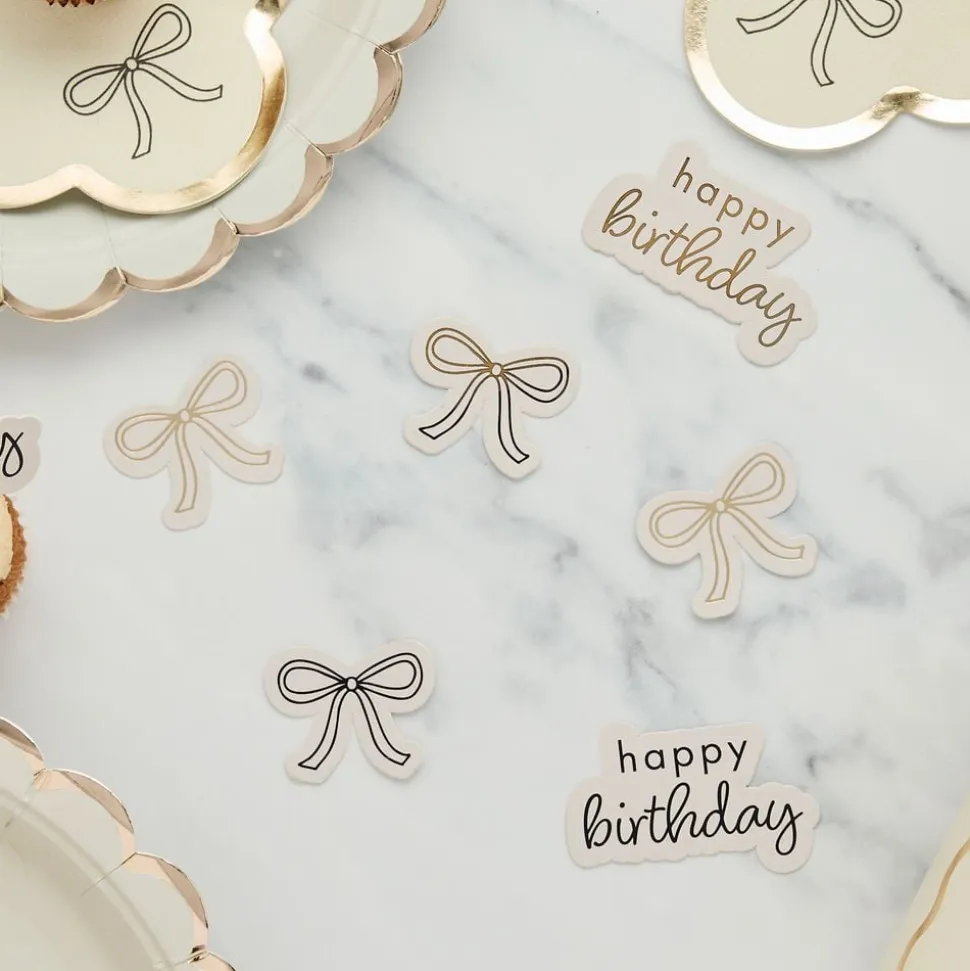 Bordkonfetti Happy Birthday kremhvit rosett