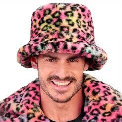 Bucket Hat i fuskepels leopard rosa