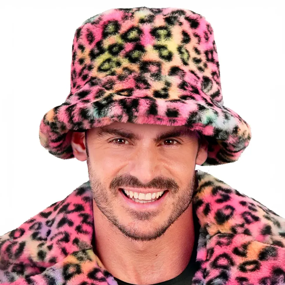 Bucket Hat i fuskepels leopard rosa