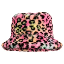 Bucket Hat i fuskepels leopard rosa