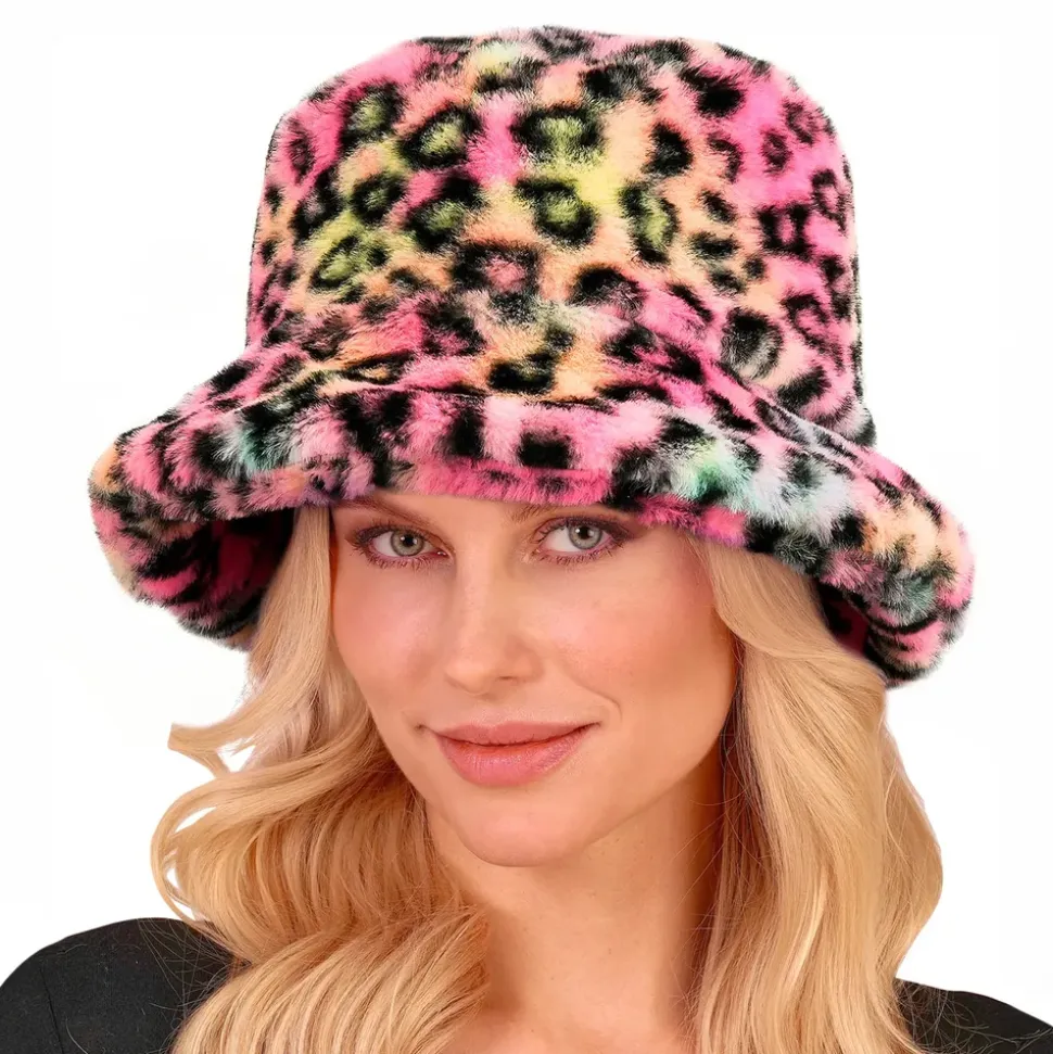 Bucket Hat i fuskepels leopard rosa