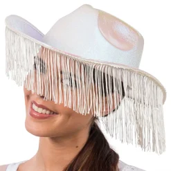 Cowboyhatt Hvit Skimrende med Frynser