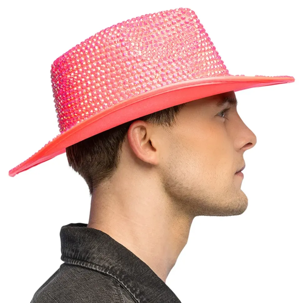 Cowboyhatt med Strass UV Neonrosa