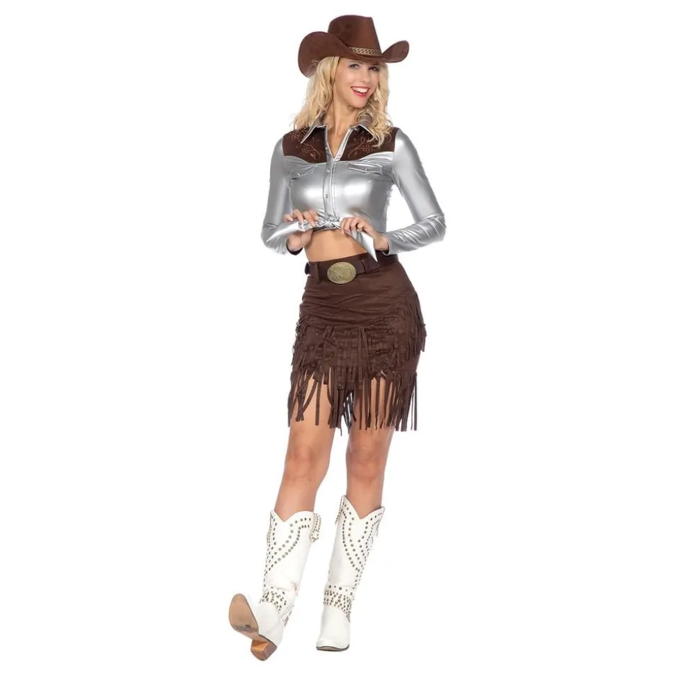 Cowgirl med skjørt sølv/brun Deluxe Kostyme