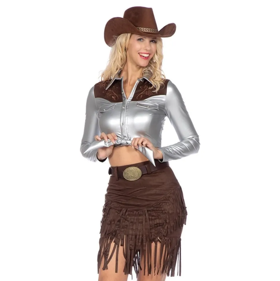 Cowgirl med skjørt sølv/brun Deluxe Kostyme
