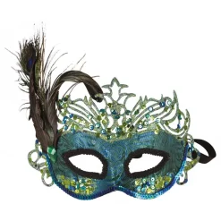 Halvmaske Påfugl Glitter med Fjær