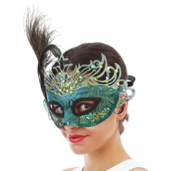 Halvmaske Påfugl Glitter med Fjær