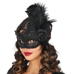 Halvmaske Svart med Fjær