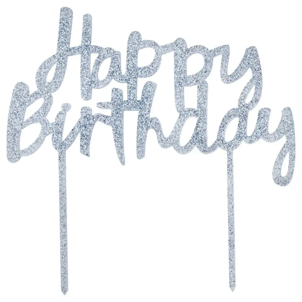Kakedekorasjon Happy Birthday Sølv i Akryl