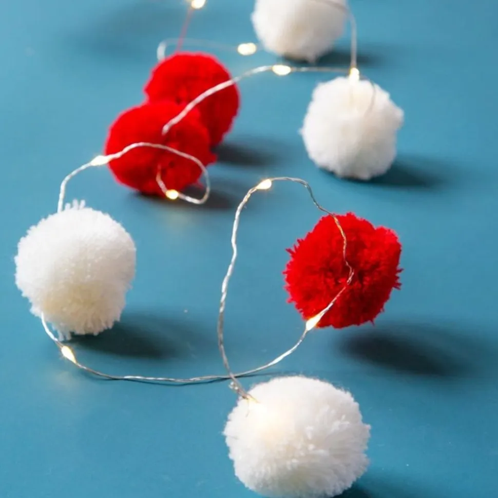 LED Girlander Pompoms Rød/Hvit