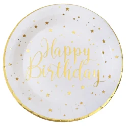 Papptallerkener Happy Birthday Gull/Hvit