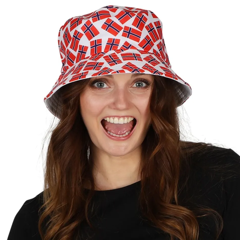Solhatt med norske flagg