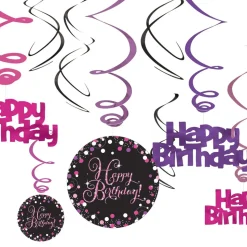 Swirls Happy Birthday Svart/Rosa Glitter
